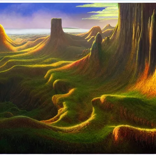 Image similar to a hyper realistic detailled matte painting of a world of verdant glens of amber fields, and oceans of black, during dawn, barometric projection, rectilinear, by jean giraud and john howe and james montgomery flagg featured on artstation, featured on behance, ultrawide angle.