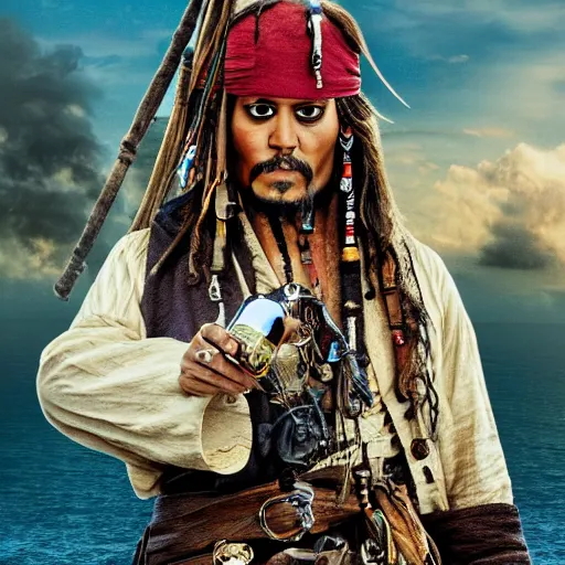 Image similar to jack sparrow drinks rum from bottle at the deck of pirate ship, focus, 3 d illustration, sharp, intricate, poster,, photo, detailed photo, scene from pirates of caribbean