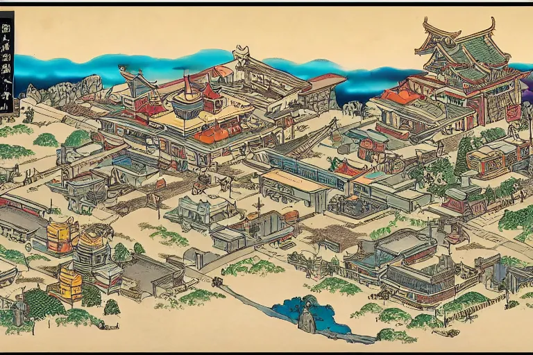 Image similar to a dungeons and dragons castle town. street level view. r / retrofuturism and ukiyo - e