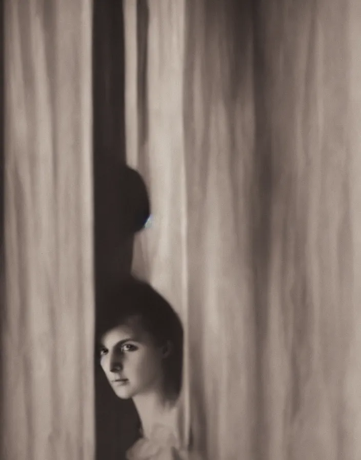 Prompt: a realistic photographic image of a young woman behind a window looking at camera, photographic style of Avedon, dramatic colors lighting, real ungine, volumetric lighting