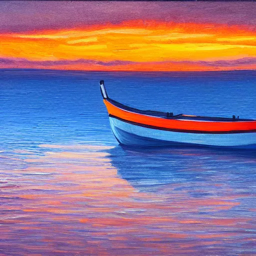 Prompt: highly detailed boat in a calm sea, sunset, 4k, oil painting