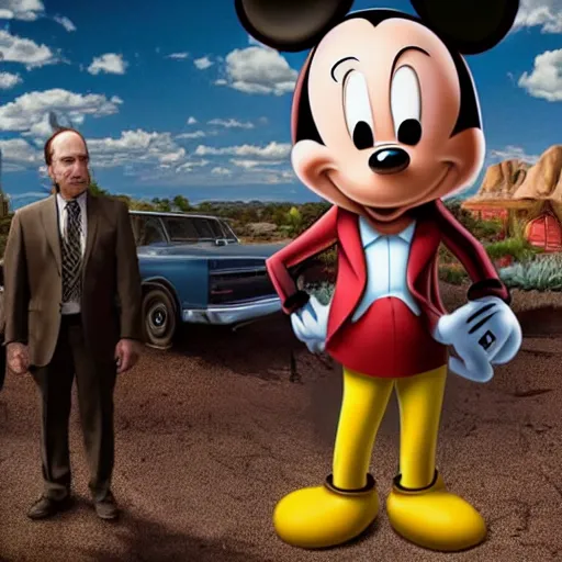 Prompt: highly detailed shot of better call saul cross over with mickey mouse house season finale with walter white appearing in the background
