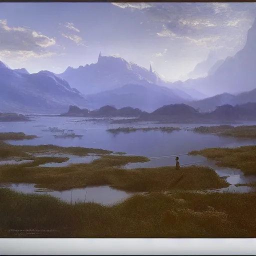 Prompt: the lakes of midgard, detailed matte painting of a dusk landscape in summer, barometric projection, by andreas rocha john howe, and Alberto Giacometti