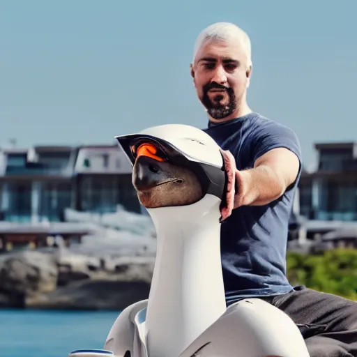 Prompt: A seagull on too of the the head of a man, the man is riding an electric scooter, he has a seagull on his head