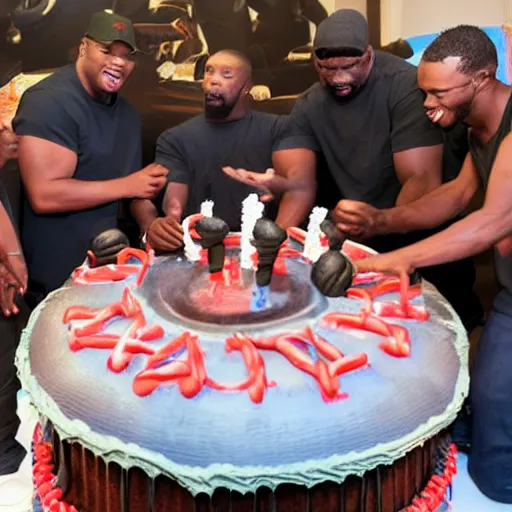 Image similar to several black guys surrounding a big cake. ultra realistic.