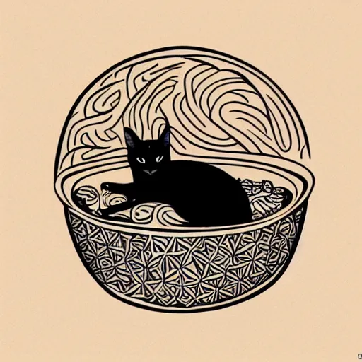 Image similar to a geometric style tattoo of a siamese cat sleeping in a bowl of ramen