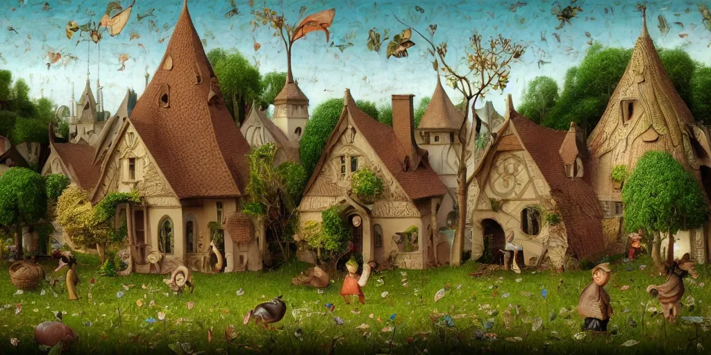 Prompt: a hiper intricate 3 d artwork of a beatifull little houses made from big leaves in the serene field, intricate, highly detailed, digital painting, artstation, concept art, extremely detailed, sharp focus, octane render wide view, smooth, digital illustration, colorfull, by wlop, by hieronimus bosch, in style of mark ryden
