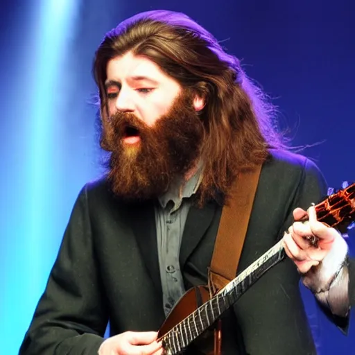 Image similar to bearded long - haired ross cheairs singing on stage