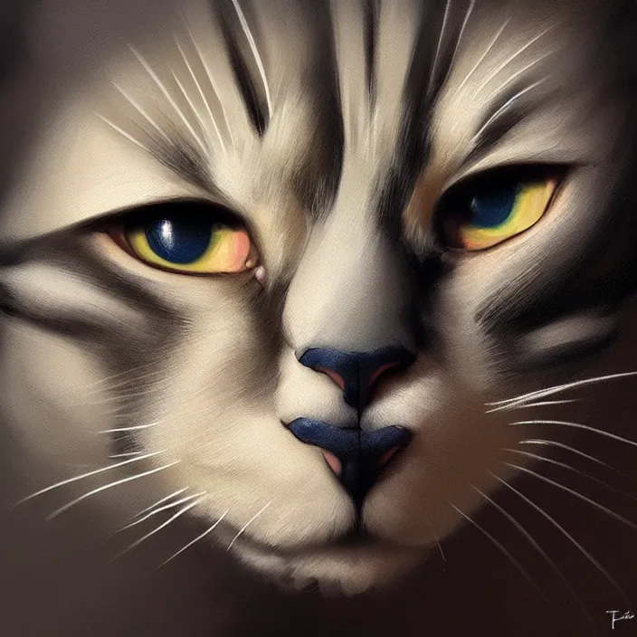 Image similar to profile face portrait of a cat shape like dog eating cakes in the cloisters, beautiful face, hyper realistic, highly detailed, digital painting, artstation, illustration, concept art by hyung tae and frank frazetta, digital paint, matte paint, washed colors, dark, gloomy