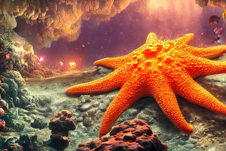 Prompt: giant orange starfish, in underwater crystal coral caverns, surrounded by smaller starfish, fantasy gorgeous lighting, movie composition, octane render, art by greg rutkowski