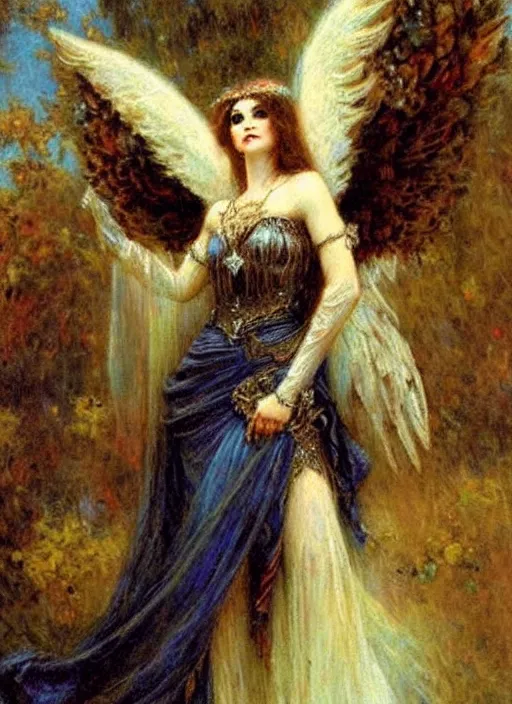 Image similar to vertical prtrait of an angel knight gothic girl, baroque dress. by gaston bussiere