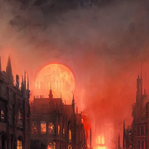 Image similar to A painting of a medieval city burning, dark fantasy, smoke rising from the buildings towards the skies, big red moon in the skies, rain, fog, hyper detailed, by Greg Rutkowski, trending on artstation