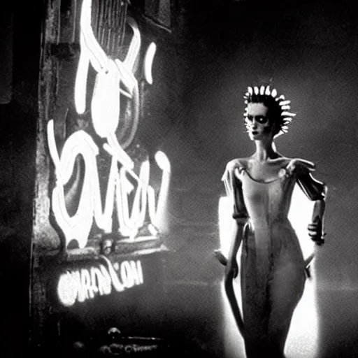 Image similar to cinematic portrait of bride of frankenstein as a replicant in a nightclub, confused and angry, still from the movie bladerunner, fashion photography, a neon sign is in the background