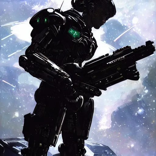 Image similar to armored, beautiful stars, cybernetic, sci-fi space game art, jeon Jungkook holding a gun. alien planet art by Akihito Yoshitomi AND Yoji Shinkawa AND Greg Rutkowski, Mark Arian trending on artstation