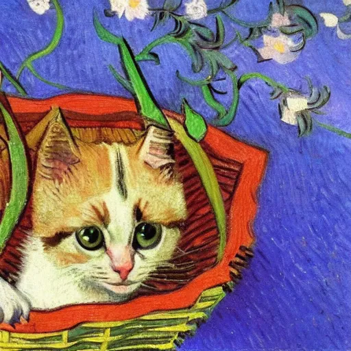 Image similar to cute kitten sitting in a basket of flowers floating down a river, surrounded by a lush forest, historic painting by van gogh, stunning detail, 8 k, beautiful