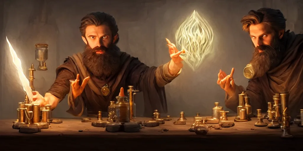 Prompt: a handsome bearded white male dark sorcerer with brown hair he is casting a spell from his hands, he is in a alchemist workshop filled with beakers and equipment, neutral pose, sharp focus, waist up, epic composition, 4 k, by greg rutkowski, rudy siswanto and anna podedworna