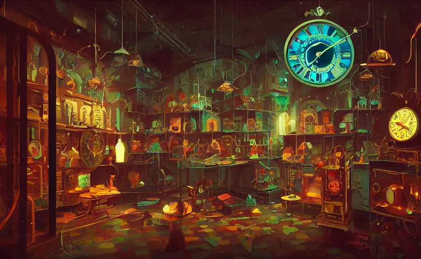 Image similar to Inside an old clock store by Petros Afshar and Beeple, James Gilleard, Mark Ryden, Wolfgang Lettl highly detailed