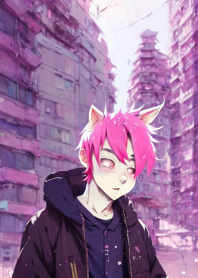 Image similar to portrait of a cute male anime boy with pink hair and pink wolf ears and freckles stylish clothes in a city | | highly detailed digital art painting by cory loftis, fenghua zhong, ryohei hase, ismail inceoglu and ruan jia. artstation, pinterest, volumetric lighting, subsurface scattering, photorealistic, octane render, random artists
