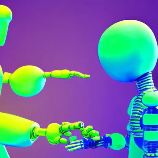 Image similar to a photorealistic 3 d render made in blender of a colourful friendly robot being poked in the eye by a man with a stick. background is a purple gradient