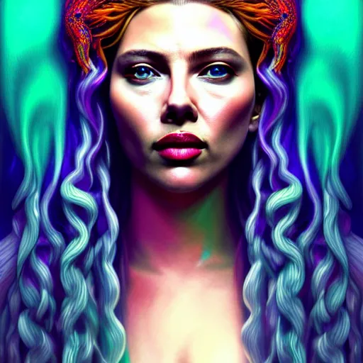 Prompt: an extremely psychedelic portrait of scarlett johanson as medusa, surreal, lsd, face, detailed, intricate, elegant, lithe, highly detailed, digital painting, artstation, concept art, smooth, sharp focus, illustration