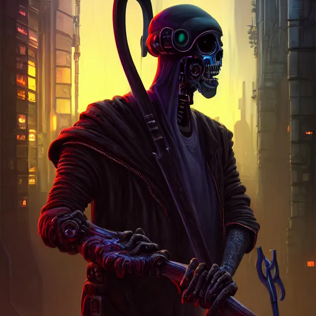 Prompt: Beautiful portrait 3d render of the cyberpunk grim reaper with a giant scythe, centered face, portrait, atmospheric lighting, painted, intricate, volumetric lighting, beautiful, rich deep colours masterpiece, sharp focus, ultra detailed, in the style of Dan Mumford and marc simonetti, with a crowded futuristic cyberpunk city in the background, astrophotgraphy