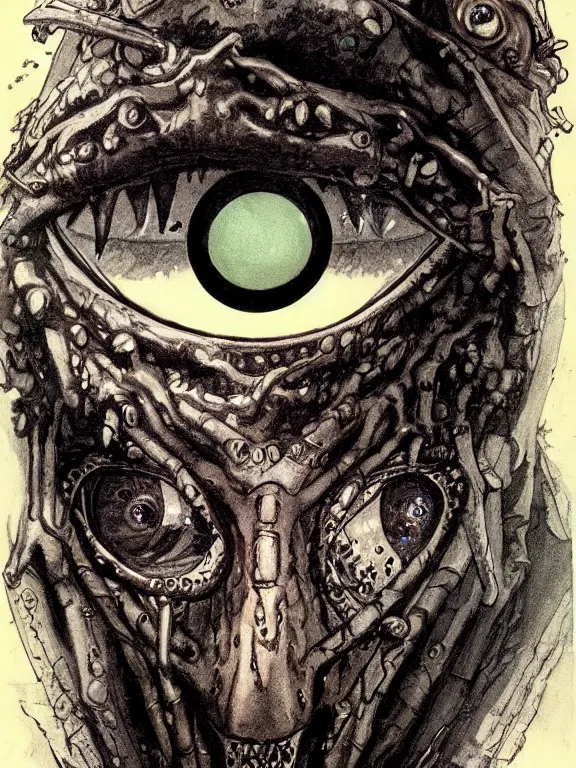 Prompt: one-eyed cyclops concept art with one huge eye in the center. Extremely high detail, details, realistic, fantasy art, solo, masterpiece, portrait painting, saturated colors, art by Arthur Rackham, Muzinabu