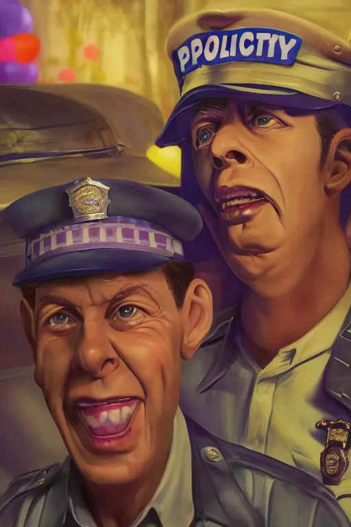 Image similar to andy griffith and barney fife, police stake out, at a birthday party at chuck e cheese, mid 9 0 s, gritty, ethereal details, cinematic lighting, hyper - detailed, maximalist, artstation, 8 k