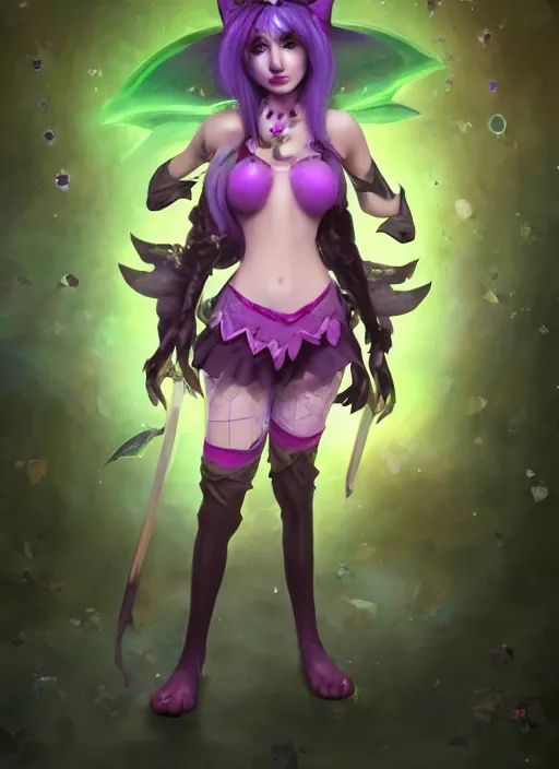 Image similar to lulu short fairy witch with green eyes, from league of legends, purple skin, au naturel, hyper detailed, digital art, trending in artstation, cinematic lighting, studio quality, smooth render, fluorescent skin, unreal engine 5 rendered, octane rendered, art style by klimt and nixeu and ian sprigger and wlop and krenz cushart