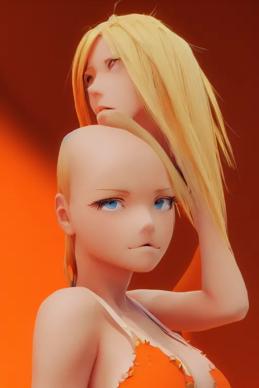 Image similar to beautiful blond woman in orange tribal bikini, blond hair pulled back, by makoto shinkai, 8 k, high resolution render, cinematic, unreal engine, clean lineart and flat color,