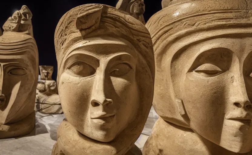 Image similar to marble sculpture of masked dune dynasty on the art deco streets of the undying empire city of ya - sattra during the festival of masks inside a museum hd 4 k photorealistic atmospheric light