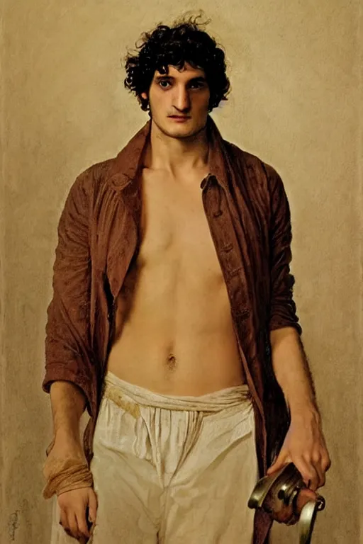 Prompt: upper body portrait of actor louis garrel as Adam in paradise, colour painting by normal rockwell, guidi prime background by carl spitzweg