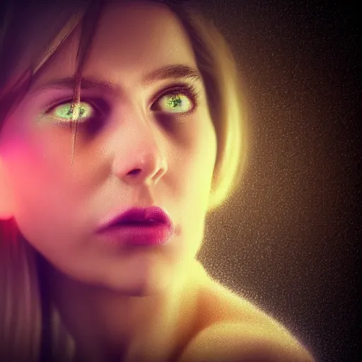Prompt: realistic fantasy portrait of sad girl in neon light