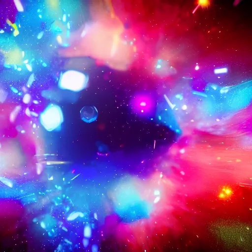 Image similar to colorful fragmented nebula explosion, dust particles, bokeh, iridescent jagged crystal fragmentation, elaborate detail, tilt-shift macro lens, lens flare, rendered in octane, visual effects, x-particles, redshift, cinematic, 8k render