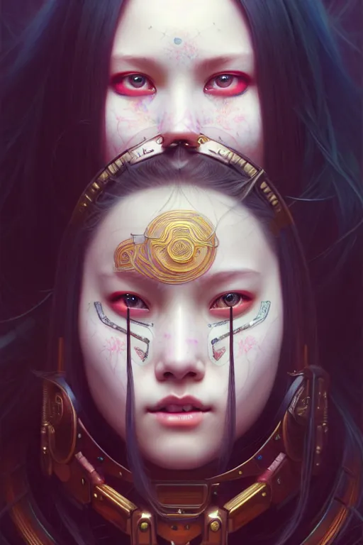 Image similar to portrait painting of olivia hye loona cyberpunk samurai smiling, ultra realistic, concept art, intricate details, eerie, highly detailed, photorealistic, octane render, 8 k, unreal engine. art by artgerm and greg rutkowski and magali villeneuve and alphonse mucha