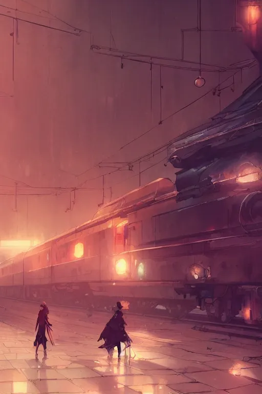 Prompt: The Train Station, cinematic lighting, dramatic atmosphere, by Dustin Nguyen, Akihiko Yoshida, Greg Tocchini, Greg Rutkowski, Cliff Chiang, 4k resolution, trending on artstation