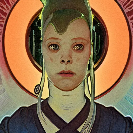 Image similar to unsettling rubbery mutant with thin lips and suspicious expression, wearing science fiction ss uniform by science fiction docks at sunset, by alphonse mucha, deak ferrand, simon stalenhag, and greg rutkowski