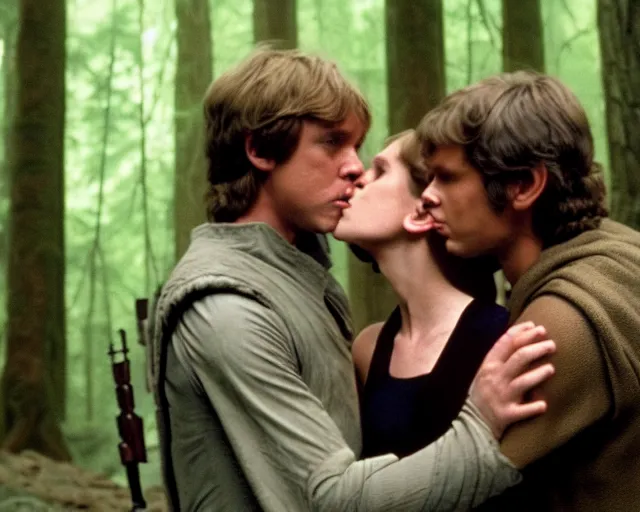 Image similar to luke skywalker, princess leia and han solo hugging and kissing in the forest of endor in a modern remake of return of the jedi