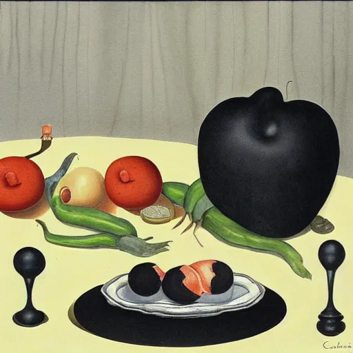 Image similar to still life, by charles addams,