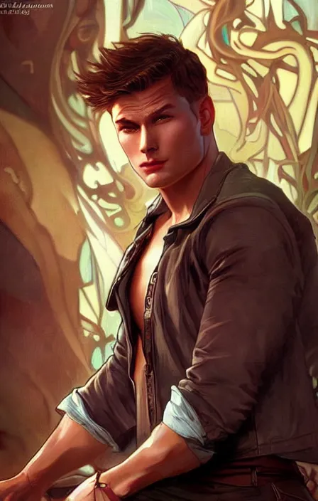 Image similar to pretty muscular dean winchester as a character in romance book art design, character concept, sharp focus!, ultra detailed, art by artgerm alphonse mucha, wlop