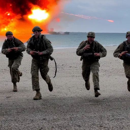 Image similar to american soldiers running at the camera during normandy beach landing with fiery explosions and debris all around them in the style of the movie lone survivor and saving private ryan, gritty, 4 k, cinematic lighting,