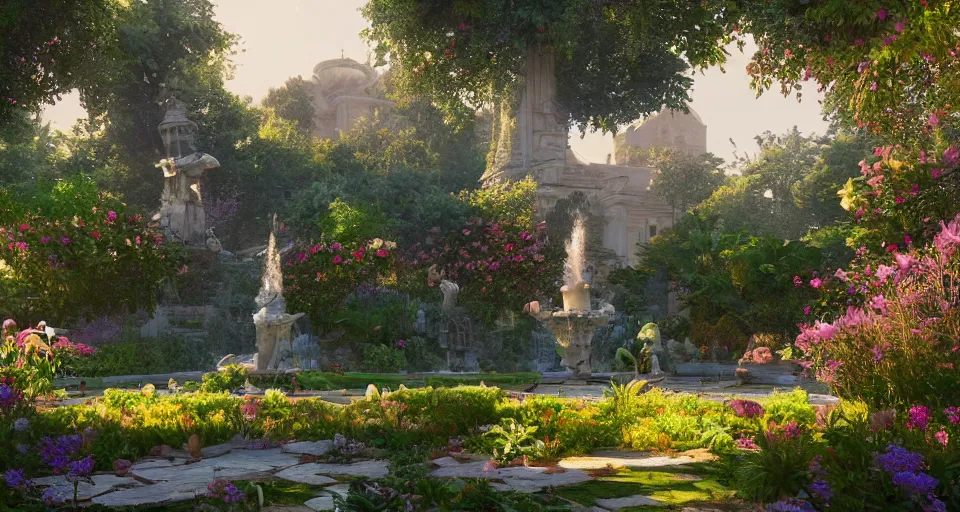 Prompt: Beautiful garden, next to a fountain and a mystical palace, hyperdetailed, artstation, cgsociety, golden hour 8k