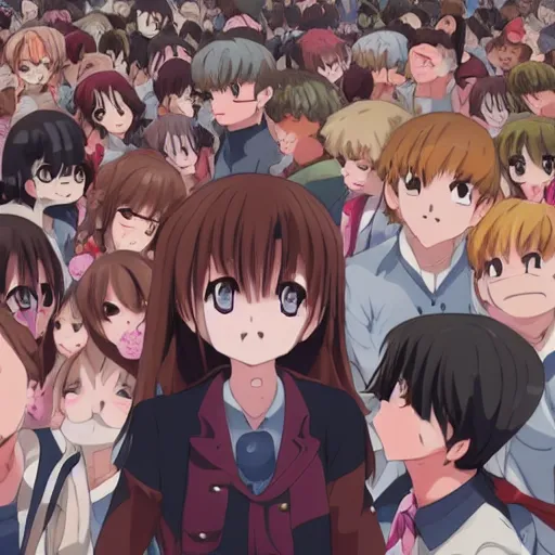 Image similar to cute anime girl surrounded by crowd of human boys