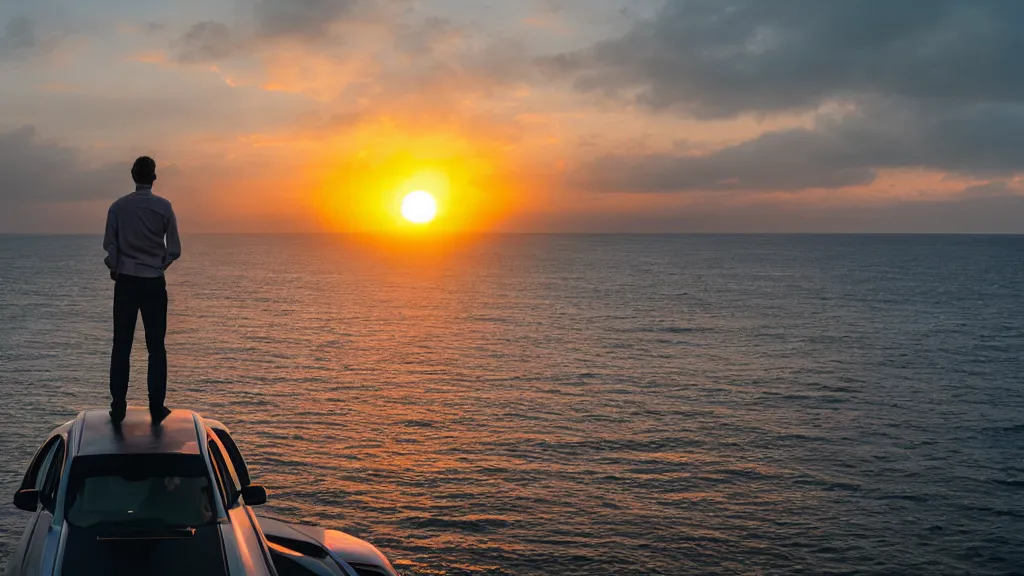 Image similar to a movie still of a man standing on the roof of a car driving through the ocean at sunset, golden hour