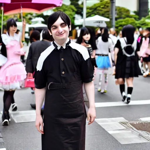 Image similar to martin shkreli in kawaii maid dress at harajuku tokyo street fashion event, a professional high quality photo from vogue magazine