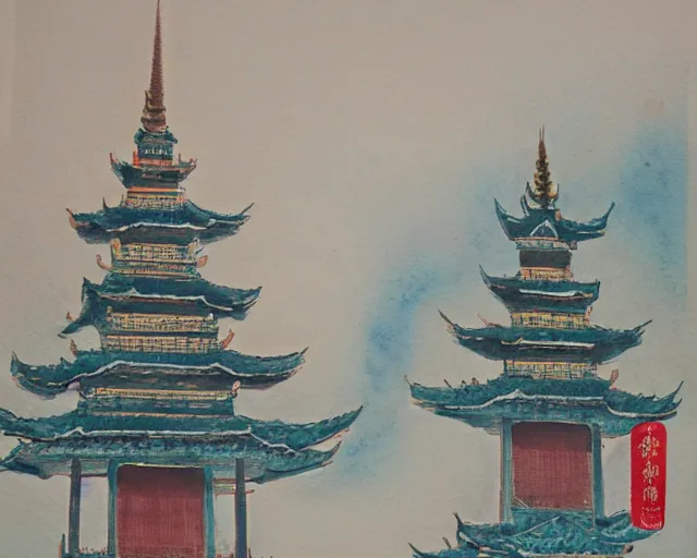 Image similar to twin buddhist pagodas in landscape, traditional chinese watercolor,