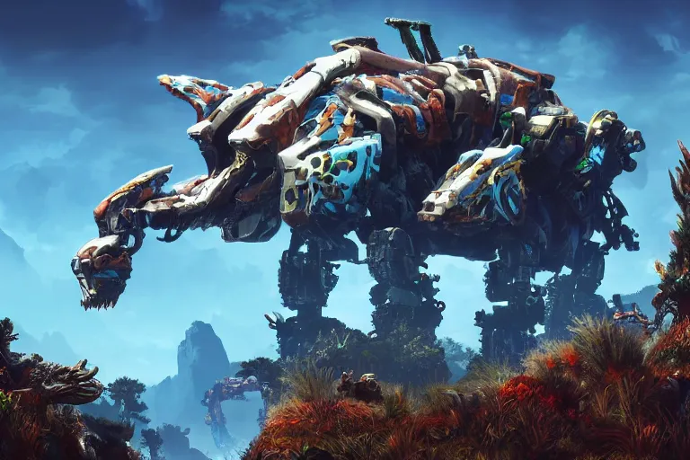 Image similar to clamberjaw machine mecha animal beast robot of horizon forbidden west horizon zero dawn bioluminiscence global illumination ray tracing hdr fanart arstation by sung choi and eric pfeiffer and gabriel garza and casper konefal