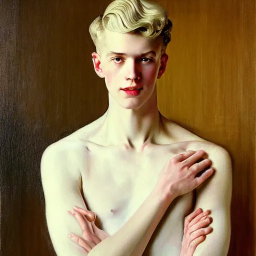 Prompt: beautiful portrait painting of the androgynous pale blond prince Lucius with long curly blond hair, delicate young man wearing an open white dress shirt smiling sleepily at the viewer, curtain bangs over his eyebrows, symmetrically parted fringe, in love by J.C Leyendecker and Norman Rockwell