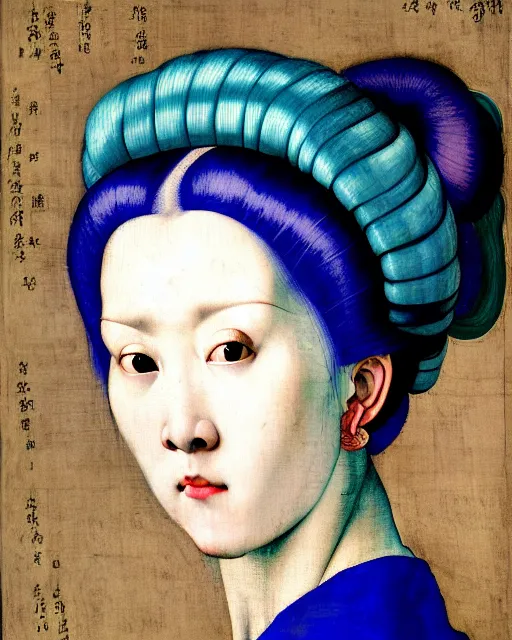 Prompt: photorealistic portrait of a woman with blue hair and big hair rollers, wearing a baggy pajamas, intricate details, highly detailed, in the style of rogier van der weyden and jacopo da pontormo, punk, asian art, masterpiece