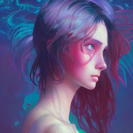 Prompt: beautiful, young woman, sad eyes, tears running down, vaporwave aesthetic, synthwave, colorful, psychedelic, digital painting, artstation, concept art, smooth, sharp focus, illustration, art by artgerm and greg rutkowski and alphonse mucha