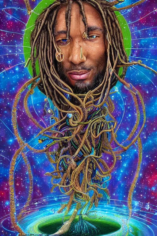 Image similar to a high hyper detailed painting with many complex textures of man with long dreadlocks making music in the cosmos, cosmic surreal psychedelic magic realism spiritual ufo art